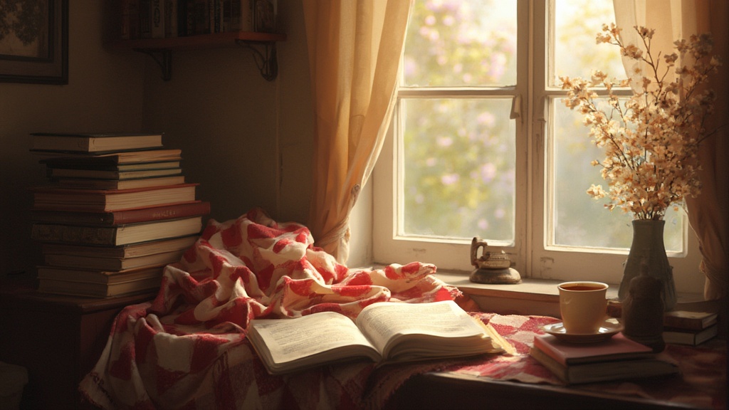 Gemütliche Leseecke mit Büchern und Tee am Fenster