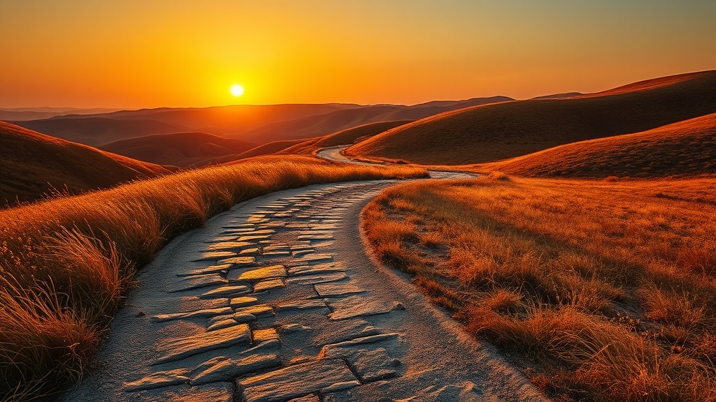 Alter Weg durch goldene Hügel bei Sonnenuntergang