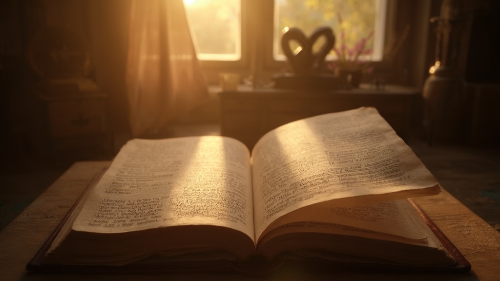 Aufgeschlagenes altes Buch am Fenster im warmen Licht