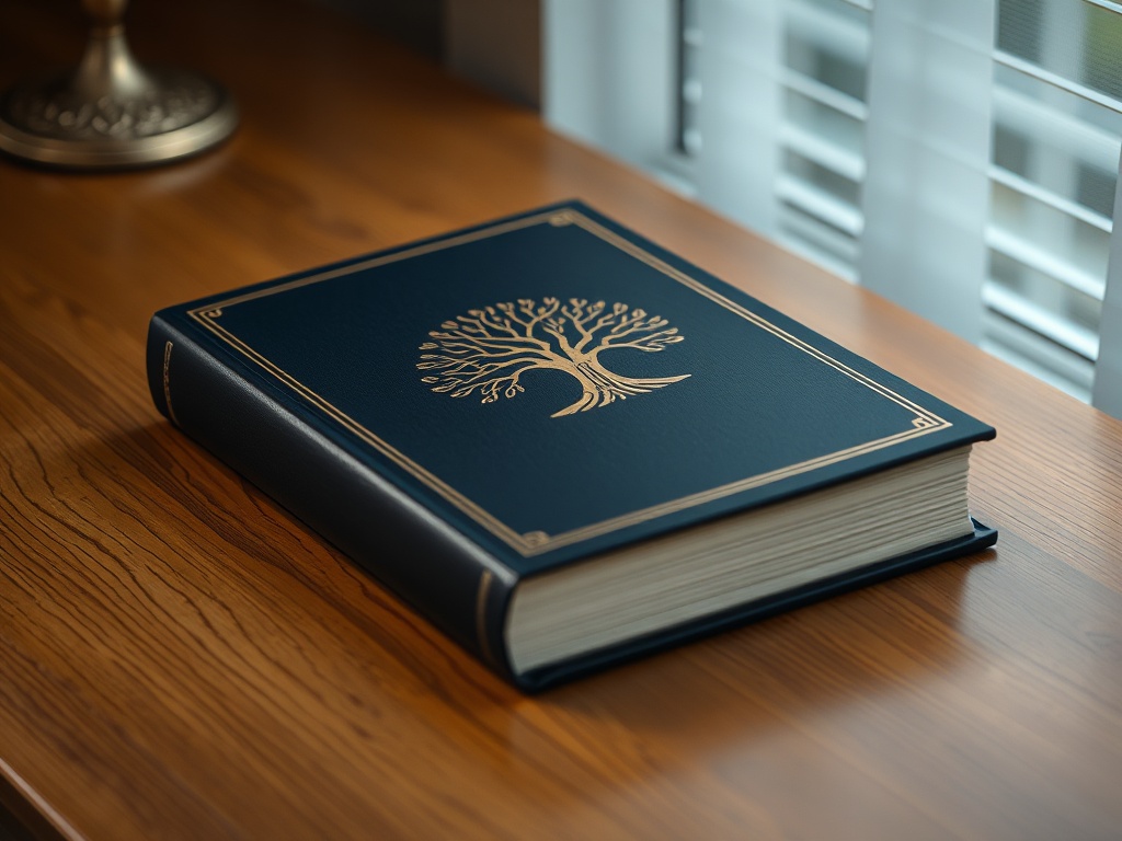 Platzhalterbild: dunkelblaue gebundene Ausgabe mit goldenem Baum-des-Lebens-Symbol auf Holztisch