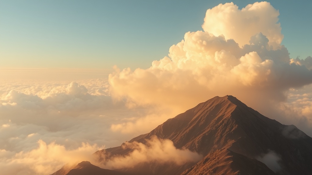 Weiter Himmel mit goldenen Wolken über einem Berggipfel