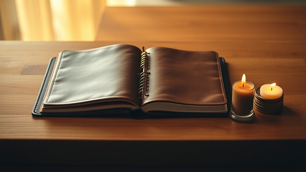 Offenes Ledernotizbuch neben brennenden Kerzen auf einem Holztisch im warmen Licht