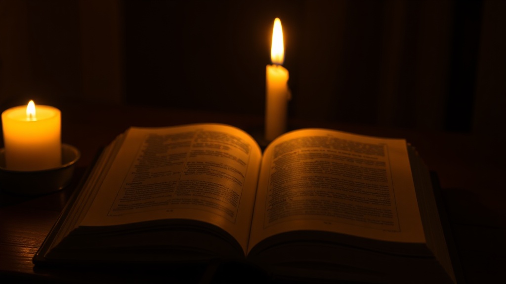 Kerzenlicht beleuchtet die Seiten eines alten Buches